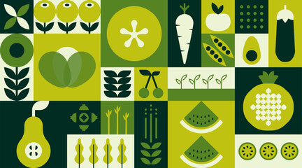 Geometric mosaic fruit banner. Natural vegetable plants simple shapes, brand identity package menu design. Vector background