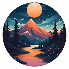 an illustration with a mountain in the sky surrounded by trees