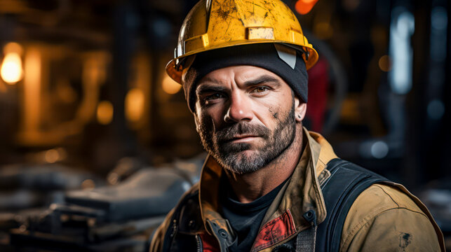 Hard working construction man with hard hat looking at camera, AI Generated