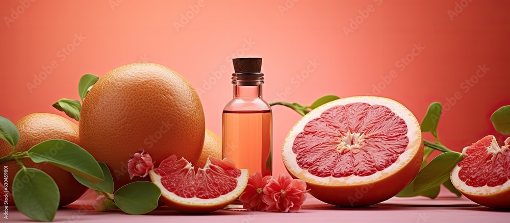 Poster a composition featuring a bottle of essential oil and grapefruits against a colorful background.
