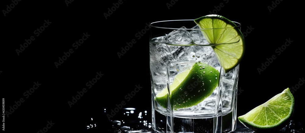 Poster A picture of a glass of gin and tonic with ice and lime is shown on a white background with empty space for text.