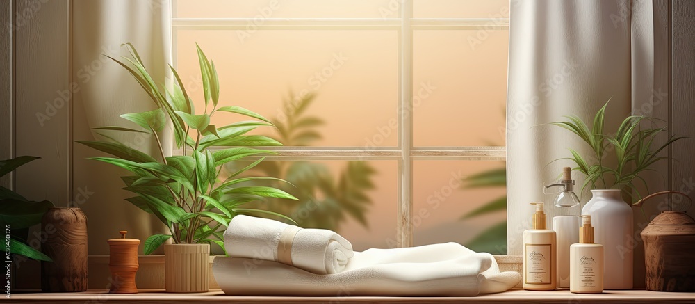 Poster background with a window and a display of spa towel, soap dispenser, and plant leaves.