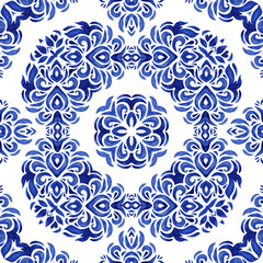 Abstract seamless ornamental watercolor damask arabesque paint pattern. Gorgeous ceramic tile design