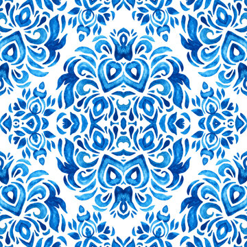 Gorgeous ceramic hand drawn tile seamless ornamental watercolor paint pattern