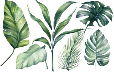 Tropical set Palm leaf. Exotic plants, palm leaves on isolated white background, Watercolor botanical illustration, Generative AI