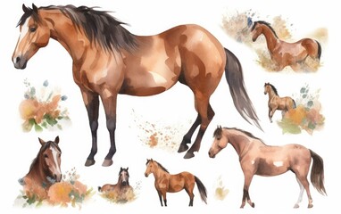 Watercolor brown horse for graphic resources, Generative AI