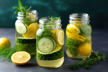 Refreshing detox water with cucumber and lemon in glass jars with mint	