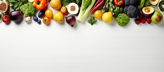 A wide selection of nutritious vegetables and fruits is laid out on a white wooden table. is taken from a top-down view, leaving room for additional content.