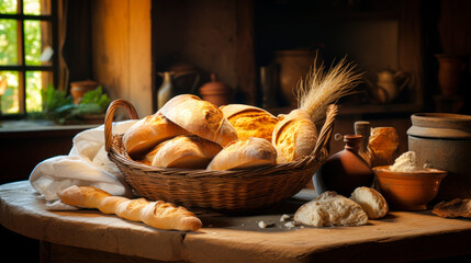 Artisanal Baked Goods: Bread Basket on Wooden Table