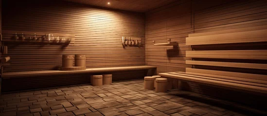 Wall murals Spa available space for copying in the sauna room at the health spa, featuring wooden benches.