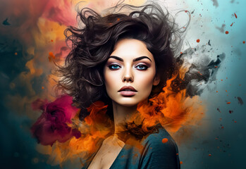 Beautiful portrait of woman with colorful smoke effect. 