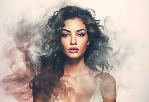 Beautiful portrait of woman with colorful smoke effect. 