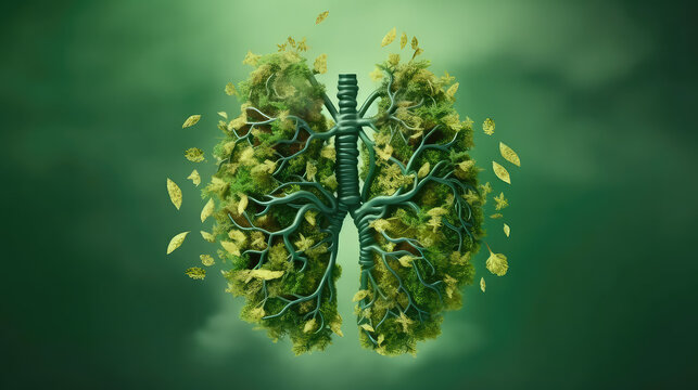 Human lungs made of green leaves isolated on flat green background with copy space. Creative icon of lungs, healthy breathing, clean air, inhalation. 3d render illustration style.