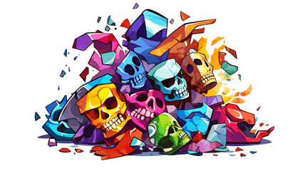 Skull, piece of past, tiles of suffering, pain, burning in blue light of colorful emotions, love, AI GENERATIVE