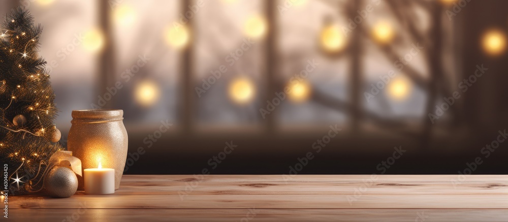 Poster A table in a corner of a home interior with empty space for your product, with a blurred background and a hint of Christmas decorations. copy space available.
