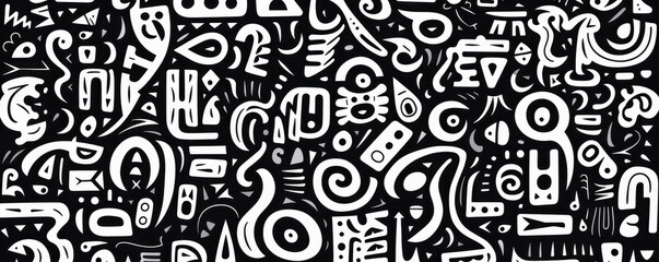 Black and white graffiti pattern texture background with a lot of black and white lettering.