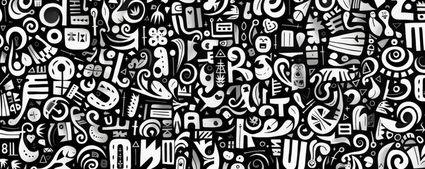 Obraz premium Black and white graffiti pattern texture background with a lot of black and white lettering.