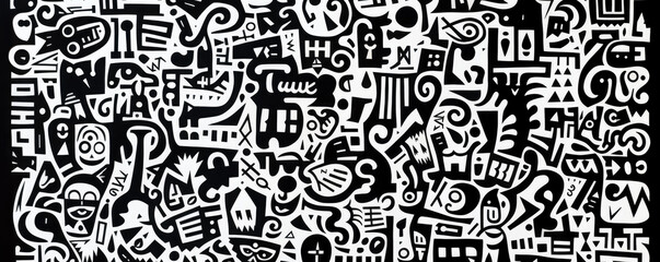 Black and white graffiti pattern texture background with a lot of black and white lettering.