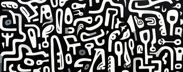 Obraz premium Black and white graffiti pattern texture background with a lot of black and white lettering.