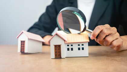 Man hand holding magnifying glass examining cottage Home miniature. Concept of real estate appraisal, property, land valuation, house search