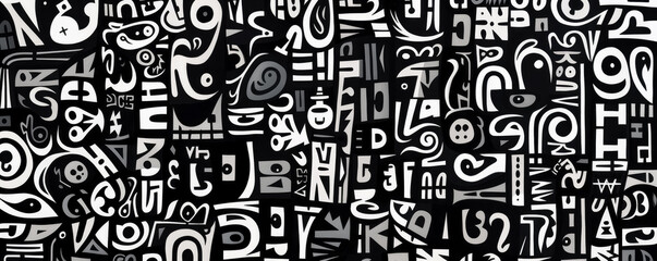 Black and white graffiti pattern texture background with a lot of black and white lettering.