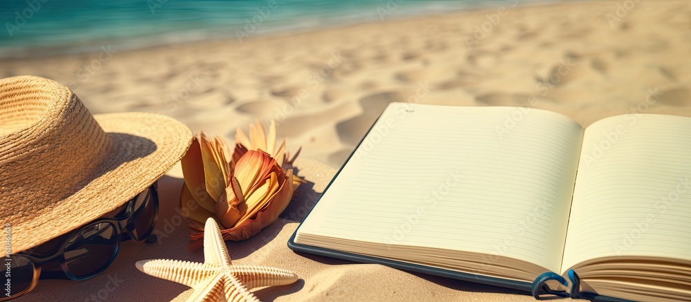 Poster a summer-themed notebook with beach accessories in the background. copy space available.