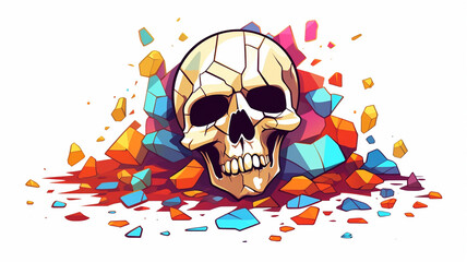 Unique halloweeen skull, piece of past, tiles of suffering, pain, burning in blue light of colorful emotions, love, AI GENERATIVE
