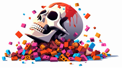 Unique halloweeen skull, piece of past, tiles of suffering, pain, burning in blue light of colorful emotions, love, AI GENERATIVE
