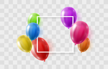 Vector colorful balloons isolated on png background. Realistic festive 3d helium balloons template for anniversary, Birthday party design. Vector illustration on transparent background