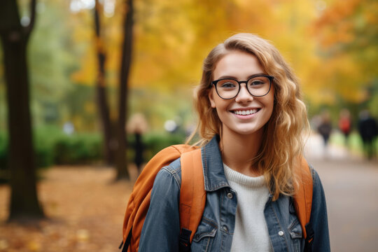 A student girl with a backpack and glasses in the park in autumn