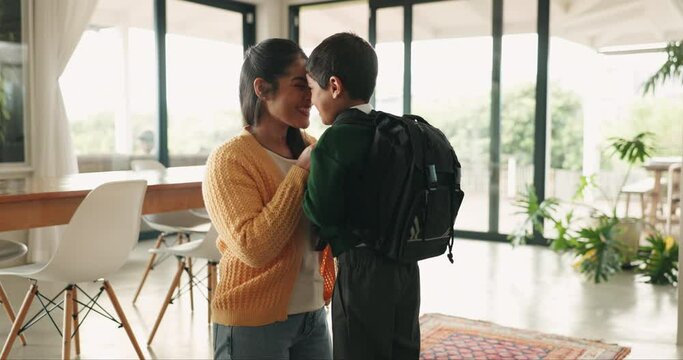 School, love and mother with child in home ready for education, childhood development and learning. Academy, family and mom embrace young boy for greeting, goodbye and morning routine to leave