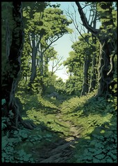 green trees lead to a road with birds watching