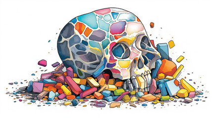 Fototapeta premium Skull, piece of past, tiles of suffering, pain, burning in blue light of colorful emotions, love, AI GENERATIVE
