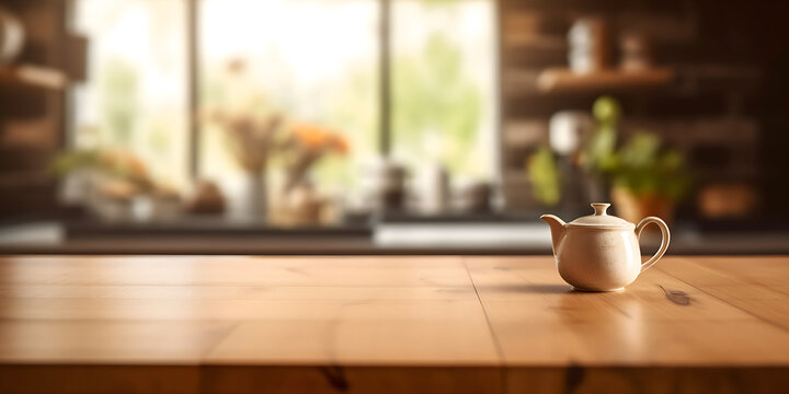 Empty wooden table kitchen background blurred