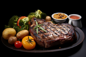 A grilled rib eye steak with baked potato and mixed vegetables