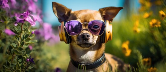 A brown chihuahua dog wearing sunglasses and headphones is sitting on green grass in a garden with purple flowers in the background. The dog is looking at the camera with copy space. - Powered by Adobe