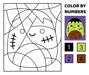 Zombie. Color by number. Squishmallow. Coloring page. Game for kids. Kawaii, cartoon, vector