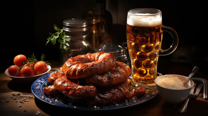Traditional Bavarian still life with beer and pretzels on a wooden table by Generative AI
