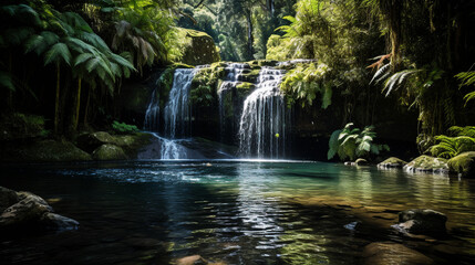 A stunning waterfall surrounded by endangered plant species, hidden deep within a nature reserve 