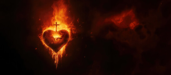 The Sacred Heart, a burning heart on a dark background with a cross in the center with copy space