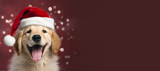 Happy Golden Retriever puppy wearing a Santa hat. Christmas pet theme banner design with copy space. Generative AI image