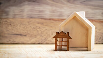 Car and House model with small shield icon on wood table, concepts of contract to buy, get insurance or loan real estate or property background.