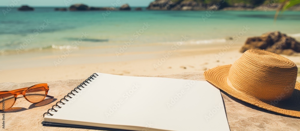 Poster a blank notebook with beach accessories in the background, suitable for writing. the photo is taken 
