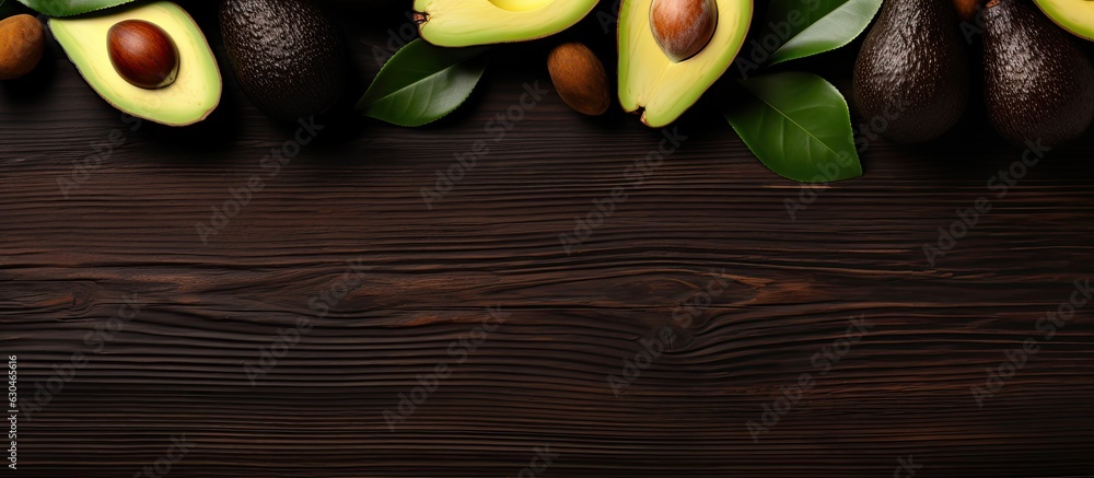 Poster Dark wooden table with a flat lay of whole and sliced avocados. ample space for text.
