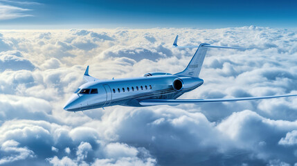 Naklejka na ściany i meble Luxury design private jet flying over the clouds AI generated image