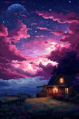 pixel art illustration of the sky above a ranch house