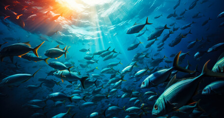 Fototapeta premium Marine Diversity: School of Fish in the Ocean