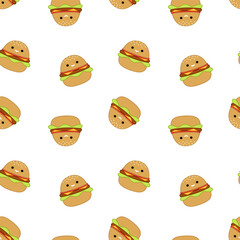 Seamless pattern with burgers. Squishmallow. Funny cheeseburger. Kawaii, Vector