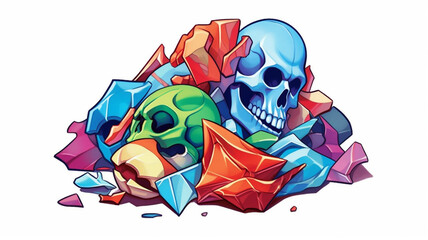 Skull, piece of past, tiles of suffering, pain, burning in blue light of colorful emotions, AI GENERATIVE