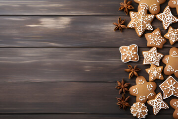 Festive Gingerbread Cookies on Wooden Surface - Generative AI